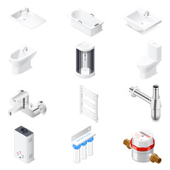 Sanitary engineering detailed isometric icon set