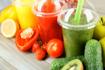 Fresh juice mix fruit, healthy drinks on wooden table background