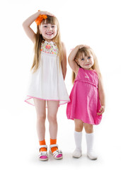 the little girls in a pink dress and white dress the same unison poses pointing hand for the camera showing funny faces isolated on the white background