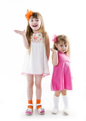 the little girls in a pink dress and white dress the same unison poses pointing hand for the camera showing funny faces isolated on the white background