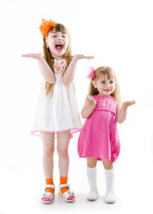 the little girls in a pink dress and white dress the same unison poses pointing hand for the camera showing funny faces isolated on the white background
