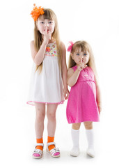 the little girls in a pink dress and white dress the same unison poses pointing hand for the camera showing funny faces isolated on the white background