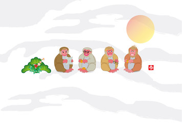 申年の四匹のサルと日の出のイラスト年賀状デザイン