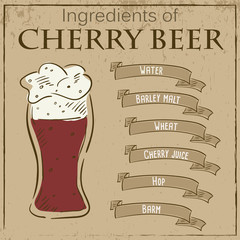 Vector vintage illustration of card with recipe of cherry beer. Ingredients are written on ribbons.
