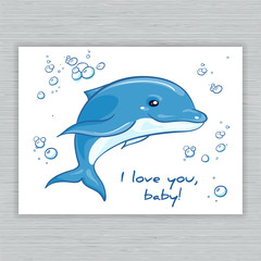 Naklejka premium vector hand drawn printable illustration with cartoon dolphin and bubbles. Can be printed on t-shirts, pillow, poster, mug, bag, card