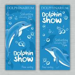 Naklejka premium vector set of printable dolphinarium banner with hand drawn cartoon dolphins and text. Can be used as a ticket design