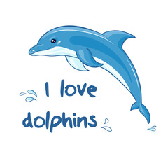 Fototapeta premium vector hand drawn printable illustration with jumping cartoon dolphin and splash. Can be printed on t-shirts, pillow, poster, mug, bag
