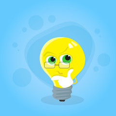 Light Yellow Bulb Think Hold Hand on Chin Look Up Cartoon Character