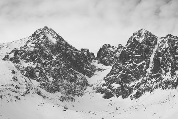 Vintage black and white photo os snow covered mountains