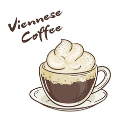 vector printable illustration of isolated cup of viennese coffee with label