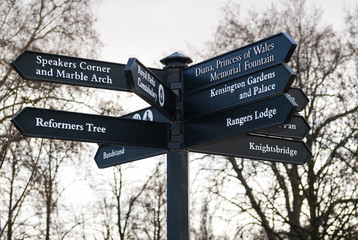 Crossroads sign in Hyde Park in London, England