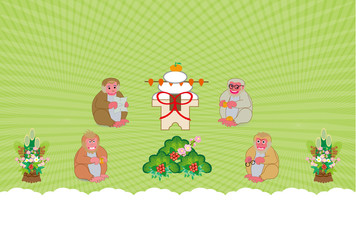 Fototapeta premium 緑のモダンな四匹のサルのイラスト年賀状デザイン