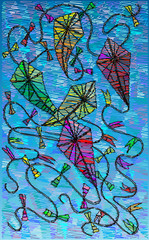 Illustration with kites stylized drawing for children