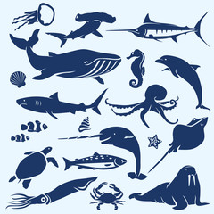 Naklejka premium zwierzęta morskie, zwierzęta morskie i oceaniczne oraz kolekcja sylwetki ryb