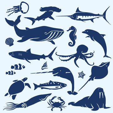 sealife, sea and ocean animals and fish silhouettes collection