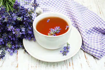 Cup of tea and lavender flowers