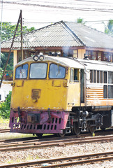 Fototapeta premium Vintage train on track at station, Thailand.