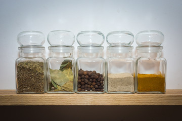 Ingredients on wooden shelf 