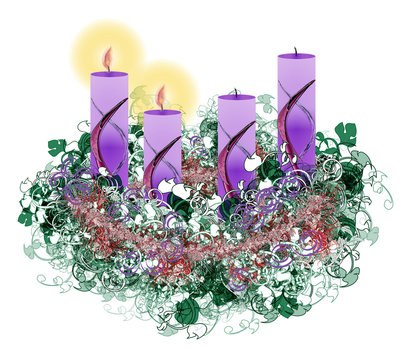 Decorated floral Advent wreath with two advent candles burning,