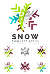 Set of abstract colorful snowflake logo icons, winter concepts, clean modern geometric design