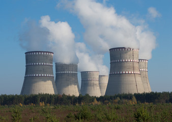 nuclear power station and smoke from the chimney