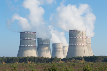 nuclear power station and smoke from the chimney