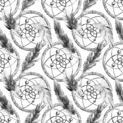 Stof per meter Aquarel etnische tribal handgemaakte zwart-wit monochroom veer dream catcher naadloze patroon textuur achtergrond © Silmairel