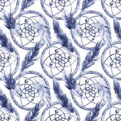 Watercolor ethnic tribal hand made navy blue monochrome feather dream catcher seamless pattern texture background