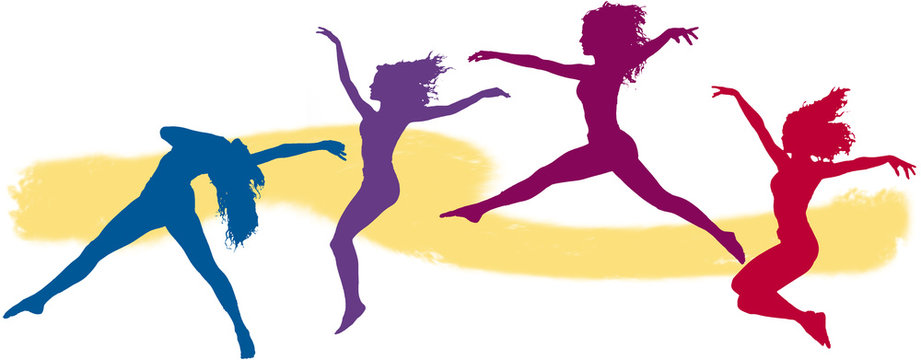 illustration of a group of silhouetted women in different stages of jumping and different colors on a white background