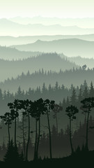 Vertical illustration of misty forest hills.