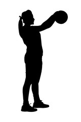 Silhouette of korfball ladies league girl player aiming at goal