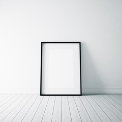 Photo of empty frame on the white floor. Vertical. 3d render