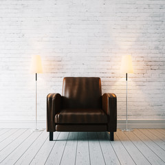 Photo of armchair at the white wall on background. 3d rendering