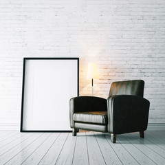 Photo of blank frame and vintage armchair on the white floor . 3d rendering
