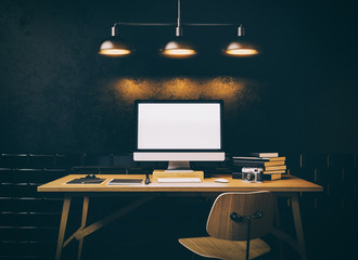 Workspace, generic design computer screen on the table. Horizontal