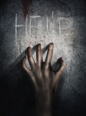 Horror Scene. Hand on wall backround. Poster, cover concept.