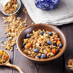 Healthy breakfast. Fresh granola, muesli with berries, honey and milk 