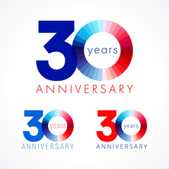 30 anniversary red and blue logo. The colorful template icon of 30th birthday.