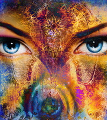  illustration of a butterfly and woman eye , mixed medium, abstract color background