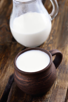 Milk in ceramic cup and jug