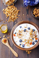 Healthy breakfast. Fresh granola, muesli with berries, honey and milk 