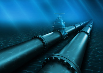 3d Illustration of oil pipeline lying on ocean bottom under water - obrazy, fototapety, plakaty