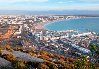 Morocco, view beach and marina of Agadir - 95389329
