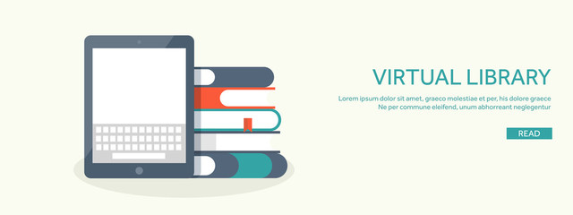 Vector illustration. Tablet with keyboard and books. Study , typing