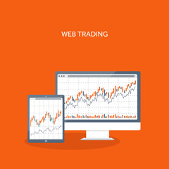 Vector illustration. Flat background. Market trade. Trading platform ,account. Moneymaking,business. Analysis. Investing
