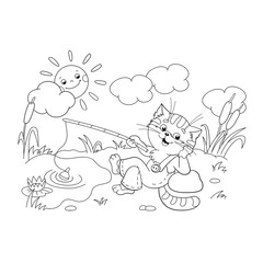 Coloring Page Outline Of a funny cat catching a fish