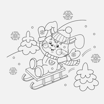 Coloring Page Outline Of a happy Bunny sledding