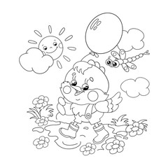 Coloring Page Outline Of a happy chicken walking with a balloon