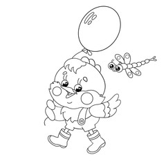 Coloring Page Outline Of a happy chicken walking with a balloon
