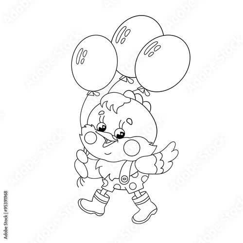 "Coloring Page Outline Of a happy chicken walking with a balloon